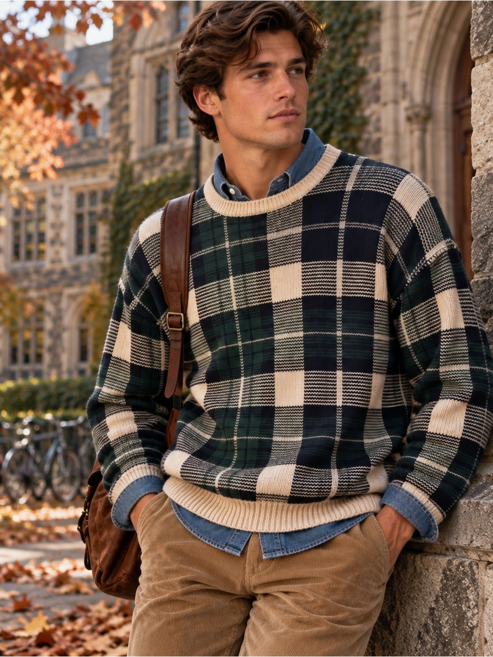 Vintage Nautica Tartan Plaid Knit Sweater Size S Navy Green 90s Heritage Preppy
